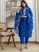 Blue Pure Cotton Embroidered Yoke Straight Suit Set - BONYHUBSALWAR KAMEEZ