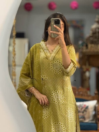 Olive Green Classy Embroidery Pure Cotton Straight Suit - BONYHUBSALWAR KAMEEZ
