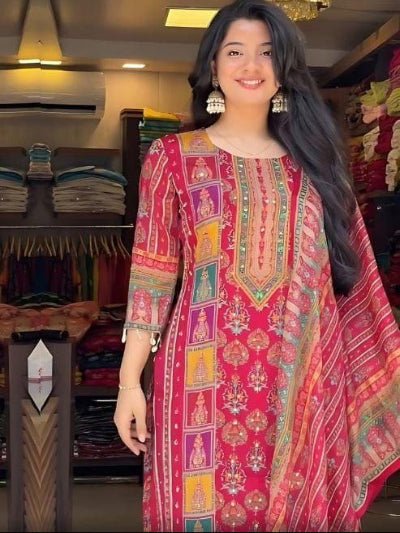 Plus Size Pink Chinon Vibrant Printed Straight Suit Set - BONYHUBSALWAR KAMEEZ