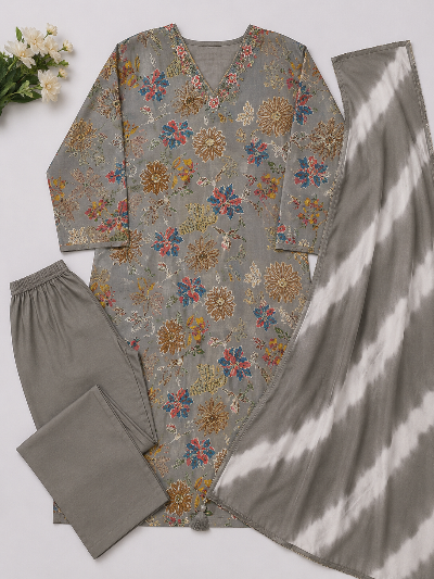 Plus Size Grey Rayon Straight Salwar Suit
