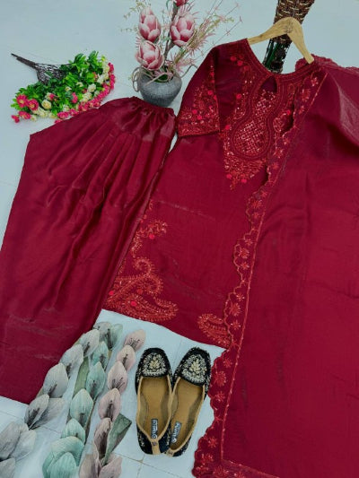 Deep Red Embroidered Farshi Suit Set