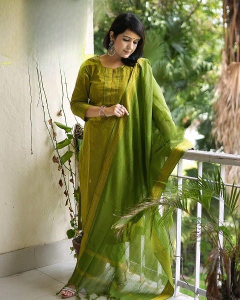 Green South Handloom Cotton Straight Suit Set - BONYHUBSALWAR KAMEEZ