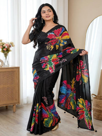 Black Floral Mirror Work Ready to Wear Sari