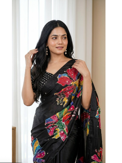 Black Floral Mirror Work Ready to Wear Sari