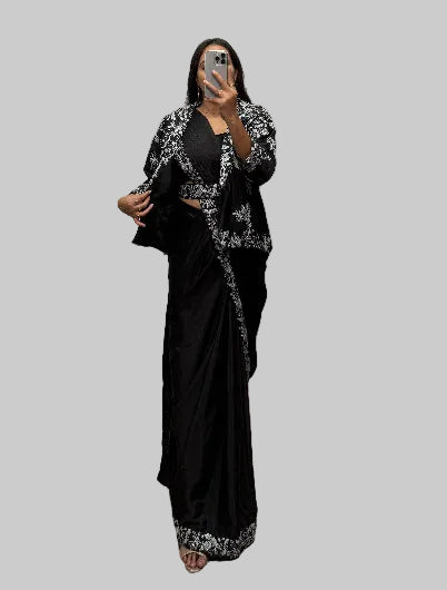 Black jacket saree with readymade stitched blouse 1
