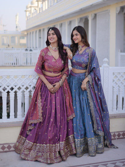 Blue Silk Zari Shimmer Sequin Embroidered Lehenga Choli Set