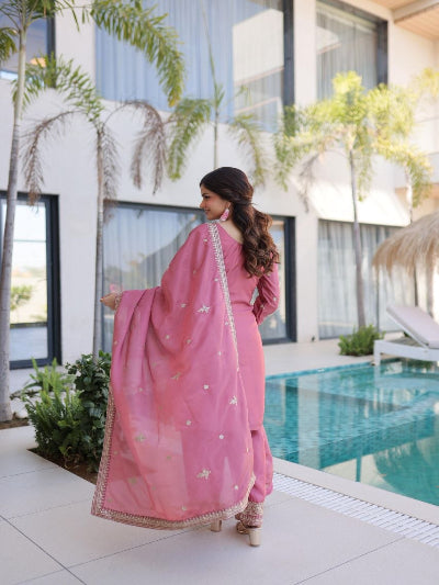 Blush Pink Silver Embroidery Straight Suit