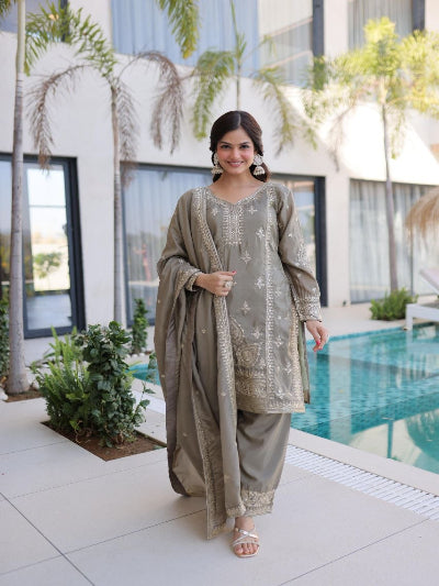 Blush Pink Silver Embroidery Straight Suit