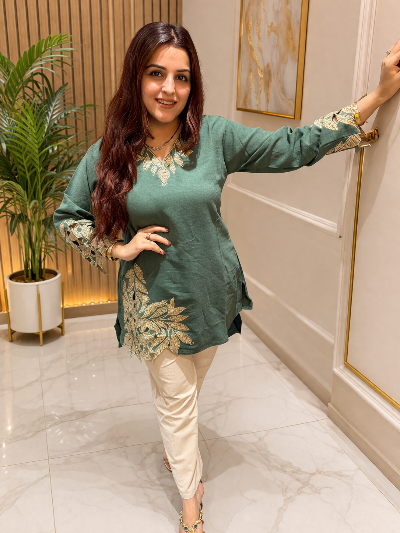 Dusty Green Cotton Embroidery Kurti Pant Set Of 2