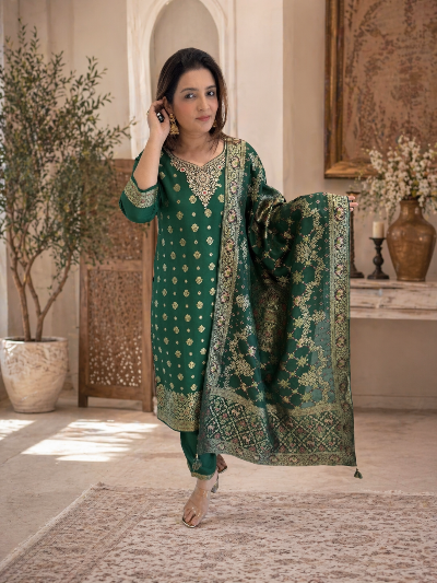 Dark Green Banarasi Weaving Straight Suit Set
