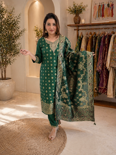 Dark Green Banarasi Weaving Straight Suit Set