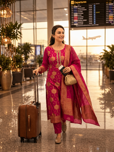 Rani Pink &amp; Gold Banarasi Suit Set with Dupatta