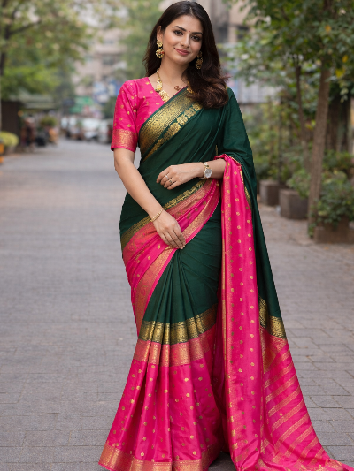Dark Green &amp; Pink Silk Jacquard Zip &amp; Go 10 Sec Saree Gown