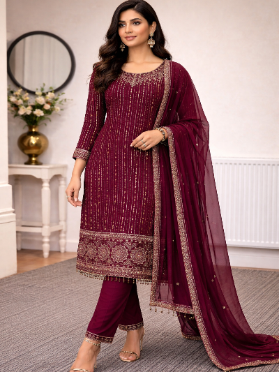 Plum Sequins Mirror Work Partywear Straight Suit