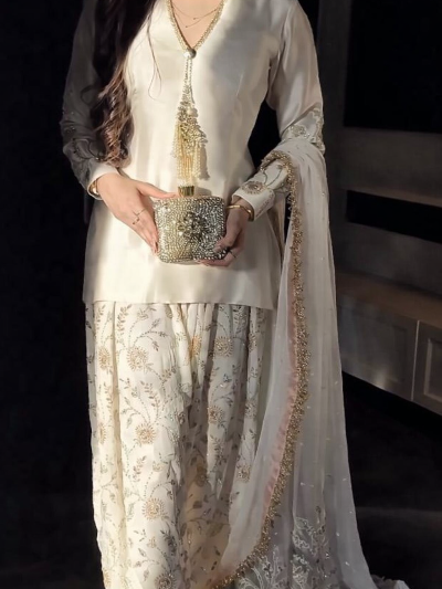 Ivory Embroidery Work Farshi Suit Organza Dupatta
