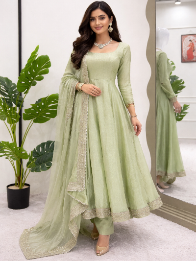 Pista Green Graceful Embroidery Anarkali Suit