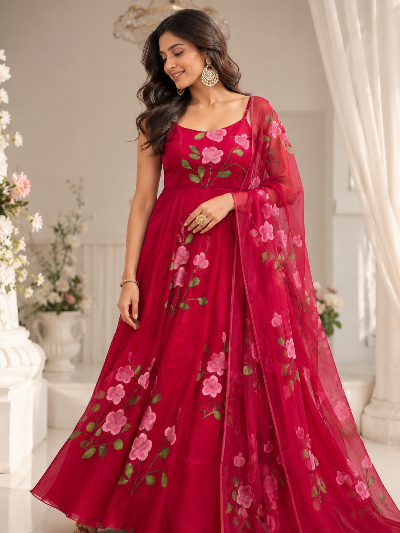 Red Georgette Handpainted Floral Sleeveless  Anarkali Suit