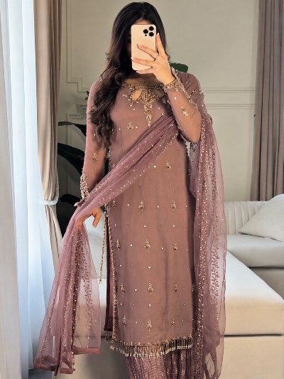 Dusty Mauve Georgette Sharara Palazzo Suit Set