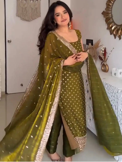 Mehendi Green Gold Butti Embroidery Straight Suit