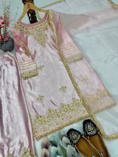Pastel Pink Gold Handwork Satin Silk Salwar Suit
