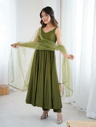 Deep Olive Green Roman Silk Chanderi Anarkali Suit Set - BONYHUBSALWAR KAMEEZ