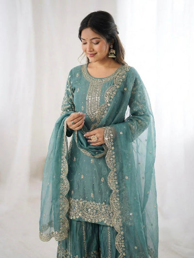 Seablue Embroidery Sequence Work Sharara Suit UK Next Day
