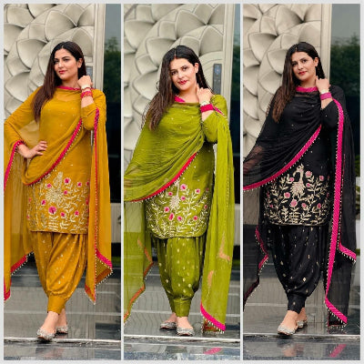 Embroidered Faux Georgette Dhoti Suit with Dupatta