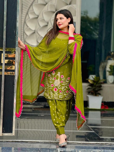 Embroidered Faux Georgette Dhoti Suit with Dupatta Green Mehandi