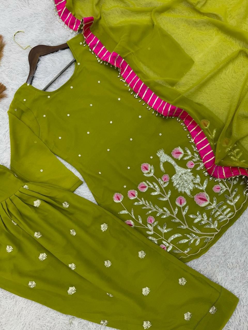 Embroidered Faux Georgette Dhoti Suit with Dupatta Green Mehandi1