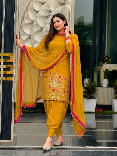 Embroidered Faux Georgette Dhoti Suit with Dupatta  Mustard 