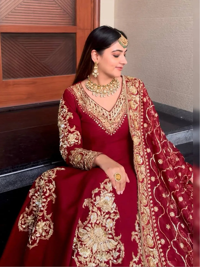 Suhana Red Gold Embroidery Work Anarkali Suit