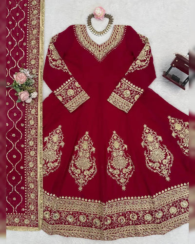 Suhana Red Gold Embroidery Work Anarkali Suit