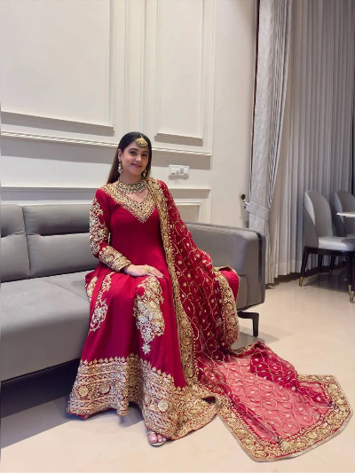 Suhana Red Gold Embroidery Work Anarkali Suit