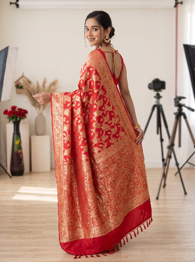 A woman modeling a red and gold brocade saree in a studio setting with visible lighting equipment and floor panels in the background.
