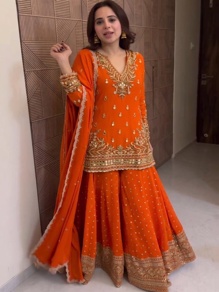 Orange Gold Embroidery Georgette Sharara Suit UK Next Day