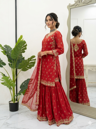 Crimson Red Chinon Silk Sharara Suit Set