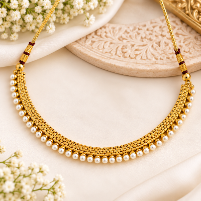 A gold-toned traditional necklace with a row of white pearls, displayed on a soft cream fabric with decorative floral and carved props.