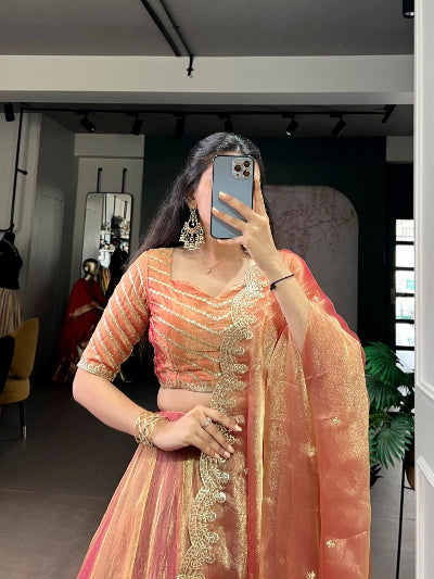 Shiny Gold Zari Shimmer Sequin Embroidered Lehenga Choli Set