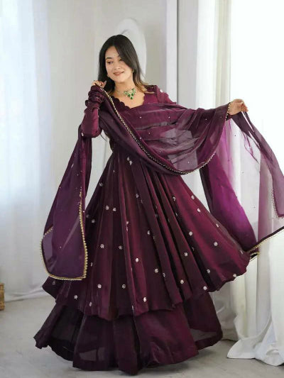 Dark Wine Adda Work Cotton Anarkali Suit Set