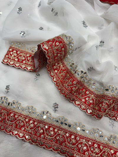 Georgette White Red Indian Wedding Sari with Unstitched Blouse