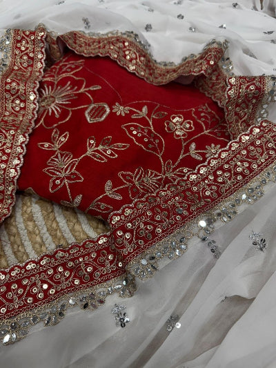 Georgette White Red Indian Wedding Sari with Unstitched Blouse