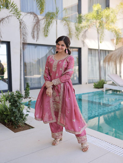 Blush Pink Silver Embroidery Straight Suit