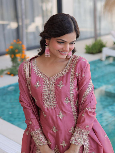 Blush Pink Silver Embroidery Straight Suit
