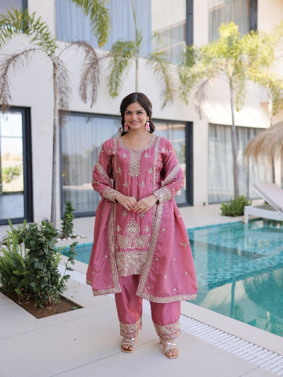 Blush Pink Silver Embroidery Straight Suit