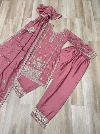 Blush Pink Silver Embroidery Straight Suit