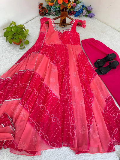 Pink Sleeveless Bandhani Anarkali Salwar Kameez Set
