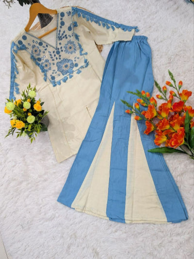 Ice Blue White Cotton Embroidered Kurti Palazzo Set