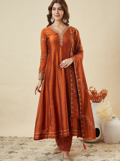 Premium Silk Blend Coral Embroidered Salwar kameez Suit Set
