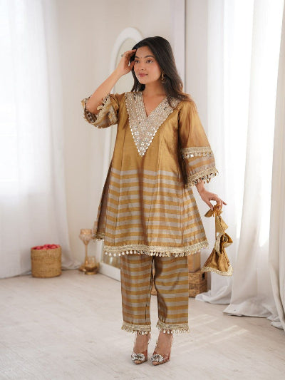 Gold Tissue Mirrorwork Kurti palazo Set