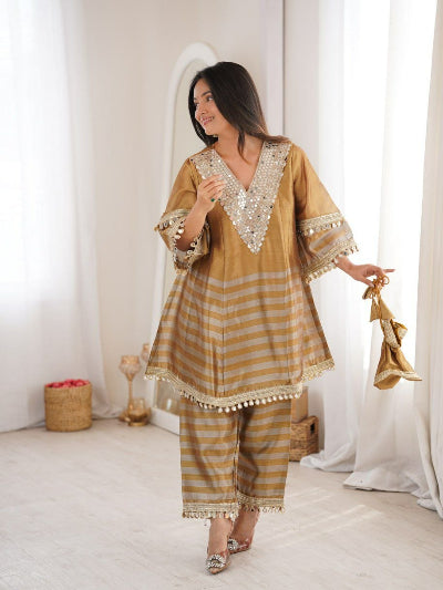Gold Tissue Mirrorwork Kurti palazo Set